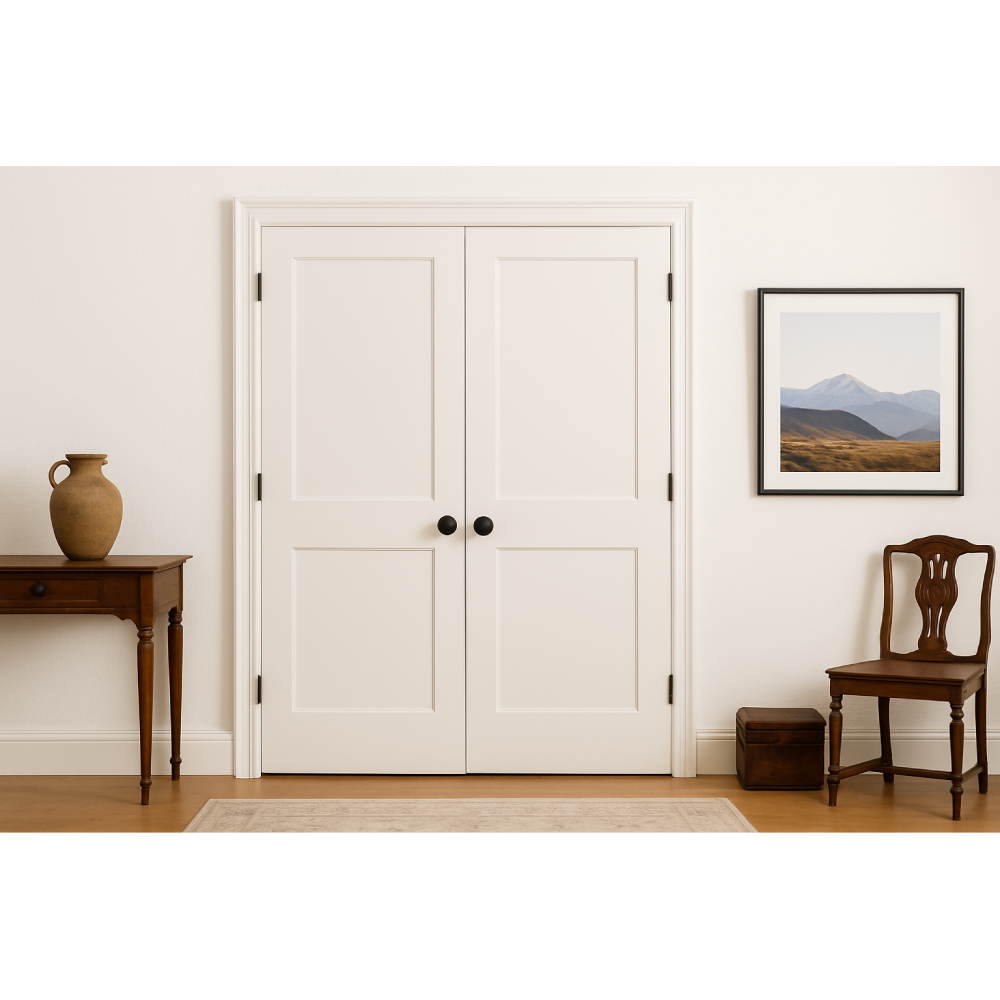 6/0x6/8 White Shaker 2-Panel Solid Core Primed MDF Prehung Interior French Door